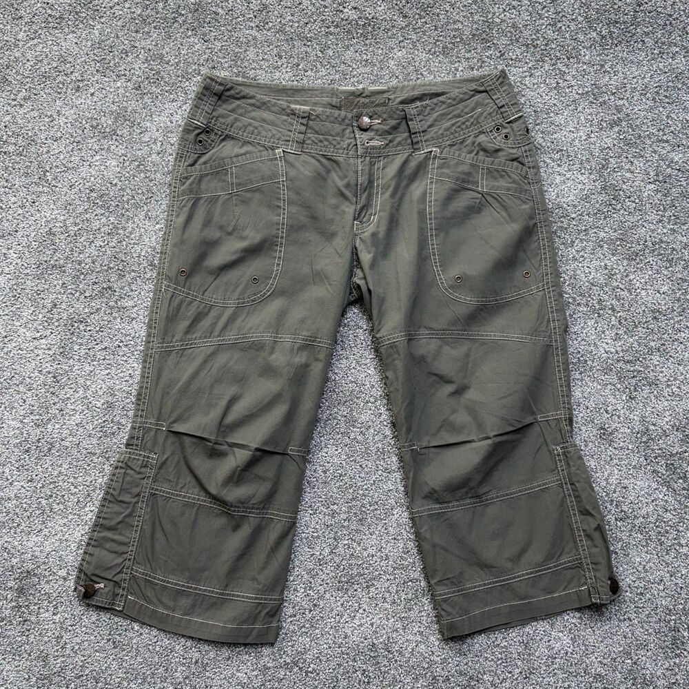 VTG Younique Sz 11 Capri Olive Green Roll Button Leg Cropped Pants Y2K 2000s